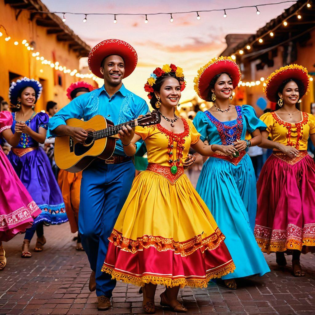 A vibrant scene capturing a Latin festival, featuring colorful traditional outfits and lively dancers. Include musical instruments like guitars and maracas, surrounded by decorations of papel picado and festive lights. Show people of diverse backgrounds joyfully celebrating together, with a backdrop of a warm sunset that enhances the festive ambiance. super-realistic. vibrant colors. 3D.