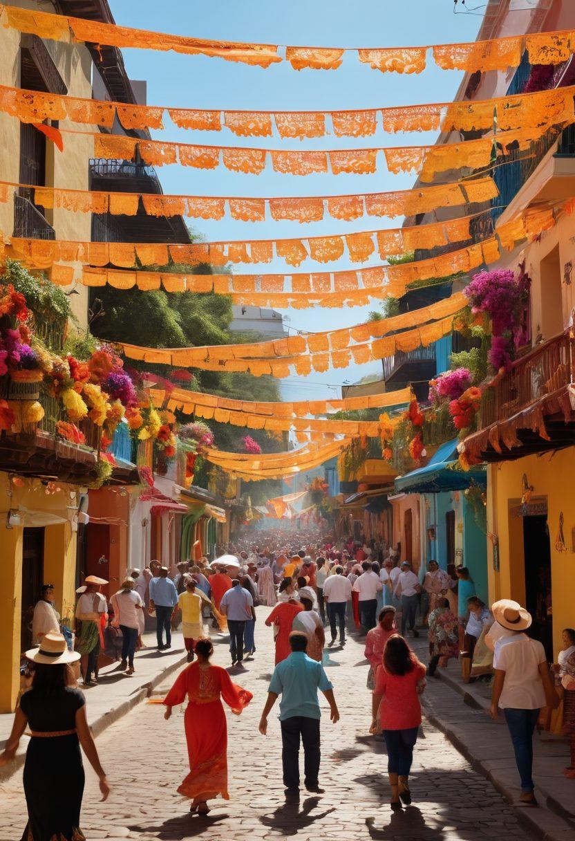 A vibrant street filled with joyful people celebrating Latin festivals, adorned with colorful papel picado banners and lively music notes in the air. Families and friends are dancing together, showcasing traditional clothing and culinary delights from various Latin cultures, surrounded by blossoming flowers and ornate decorations. The atmosphere is filled with laughter, unity, and a sense of community. super-realistic. vibrant colors. festive mood.